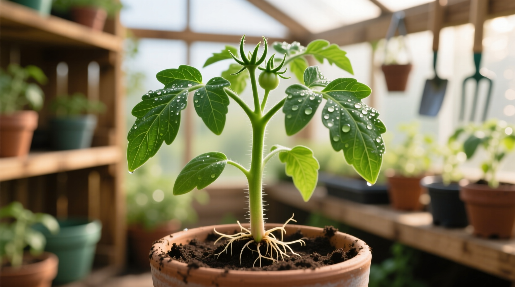 Healthy tomato seedling with strong stem and green leaves