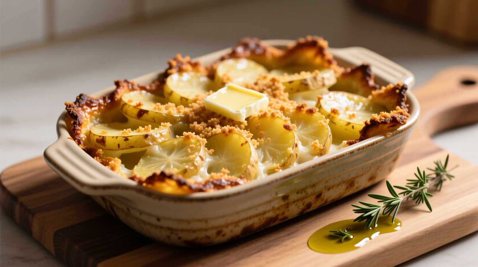 Golden sliced potato bake with crispy edges