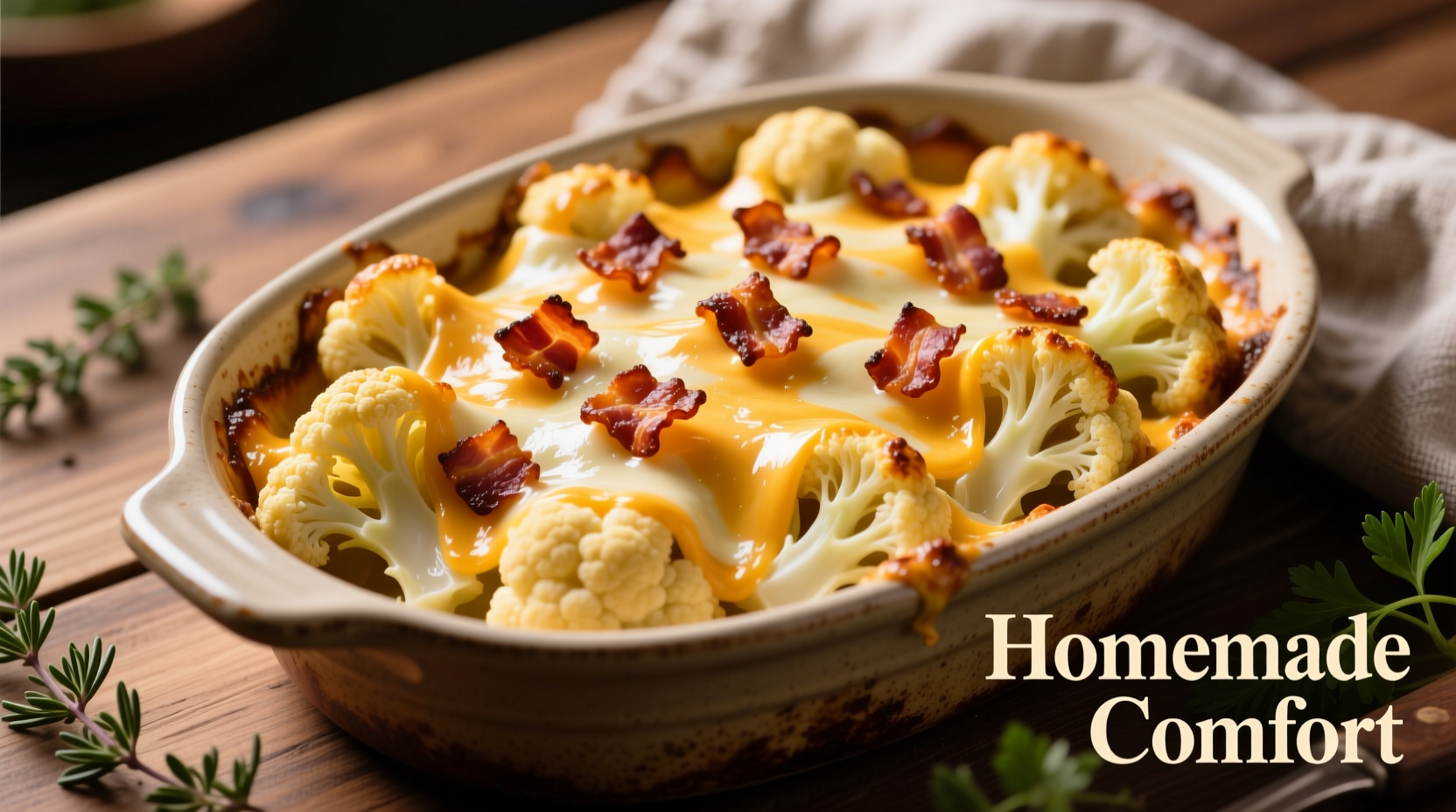 Loaded cauliflower casserole with melted cheese and bacon topping