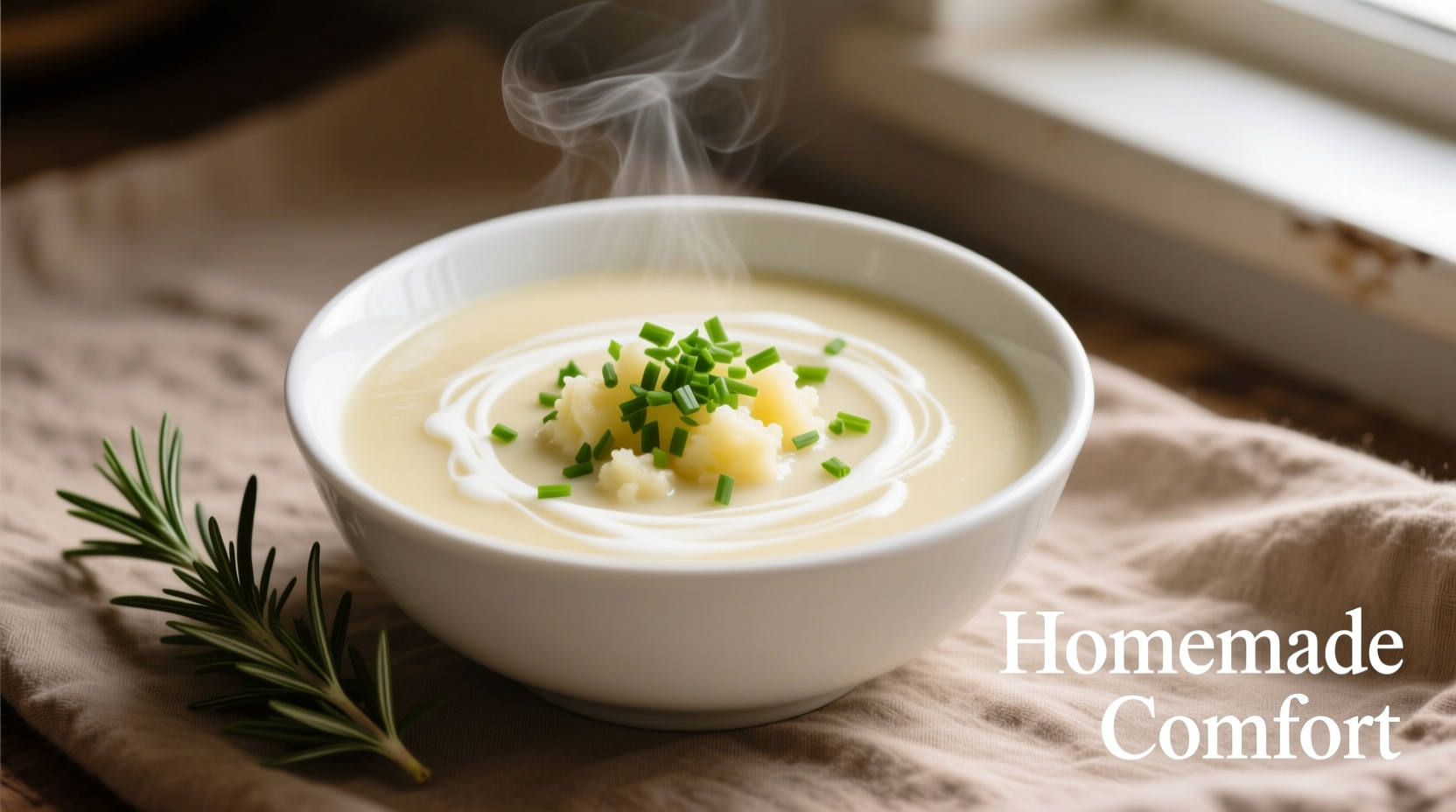 Creamy potato soup in white bowl with fresh herbs