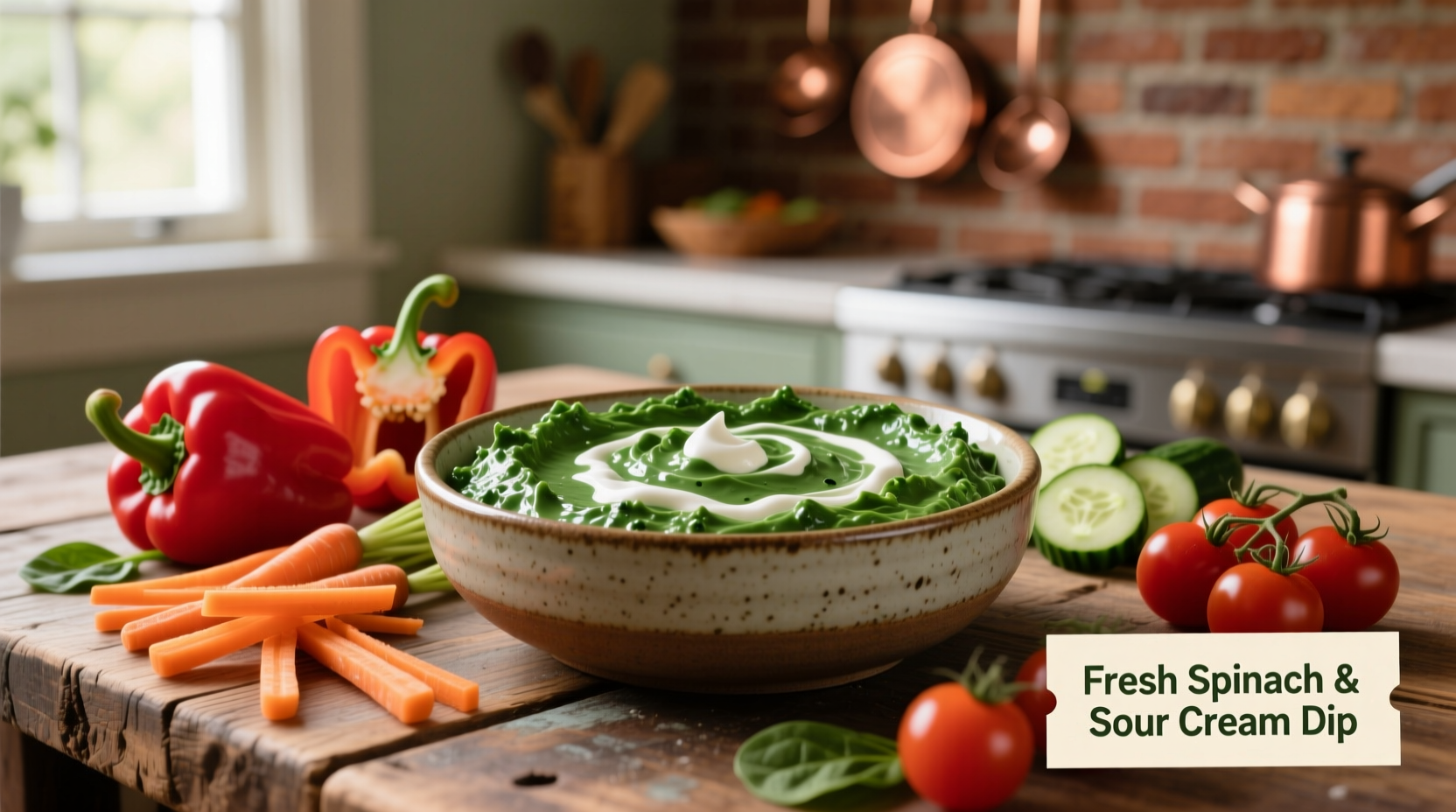 Creamy cold spinach dip in bowl with vegetable dippers
