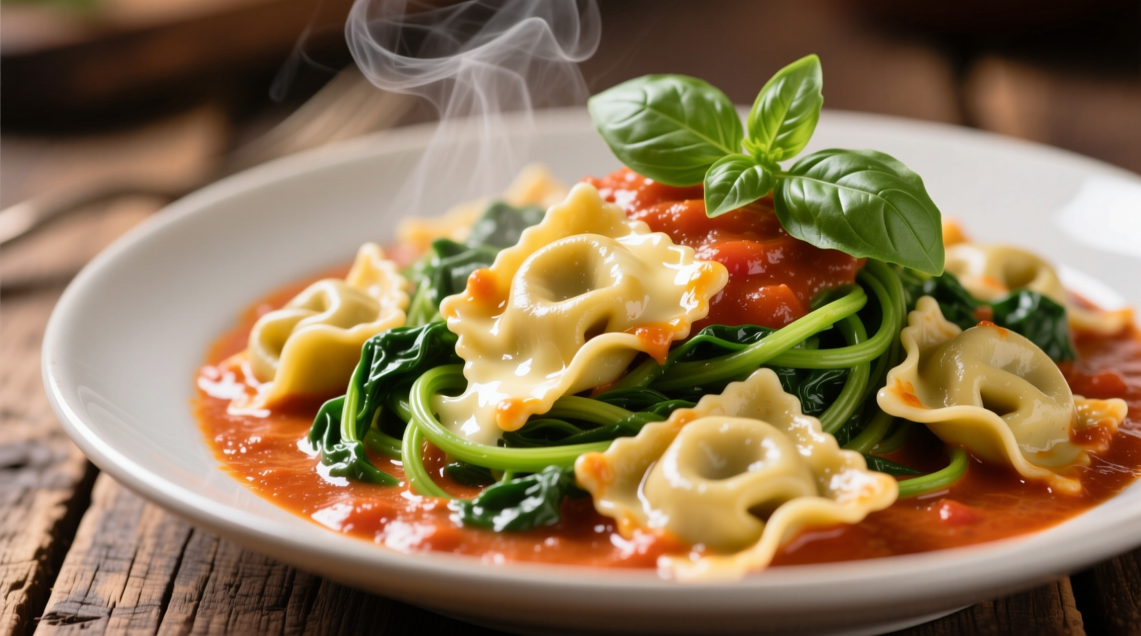 Perfectly cooked spinach and cheese tortellini in tomato cream sauce