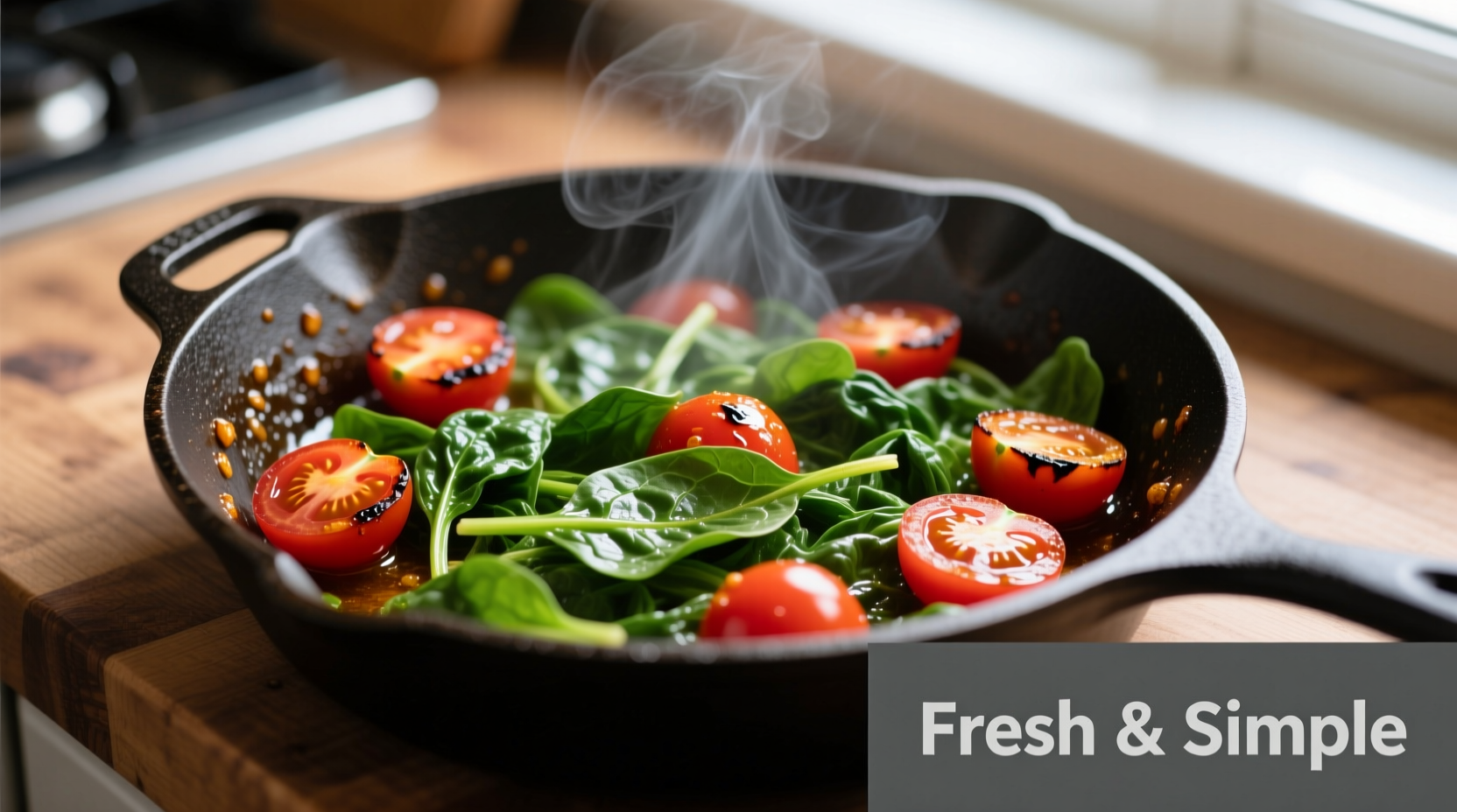 Perfectly sautéed tomatoes and spinach in skillet