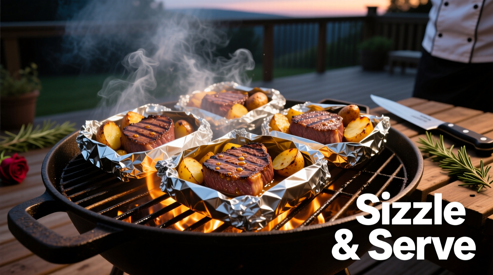 Steak and potato foil packs sizzling on grill