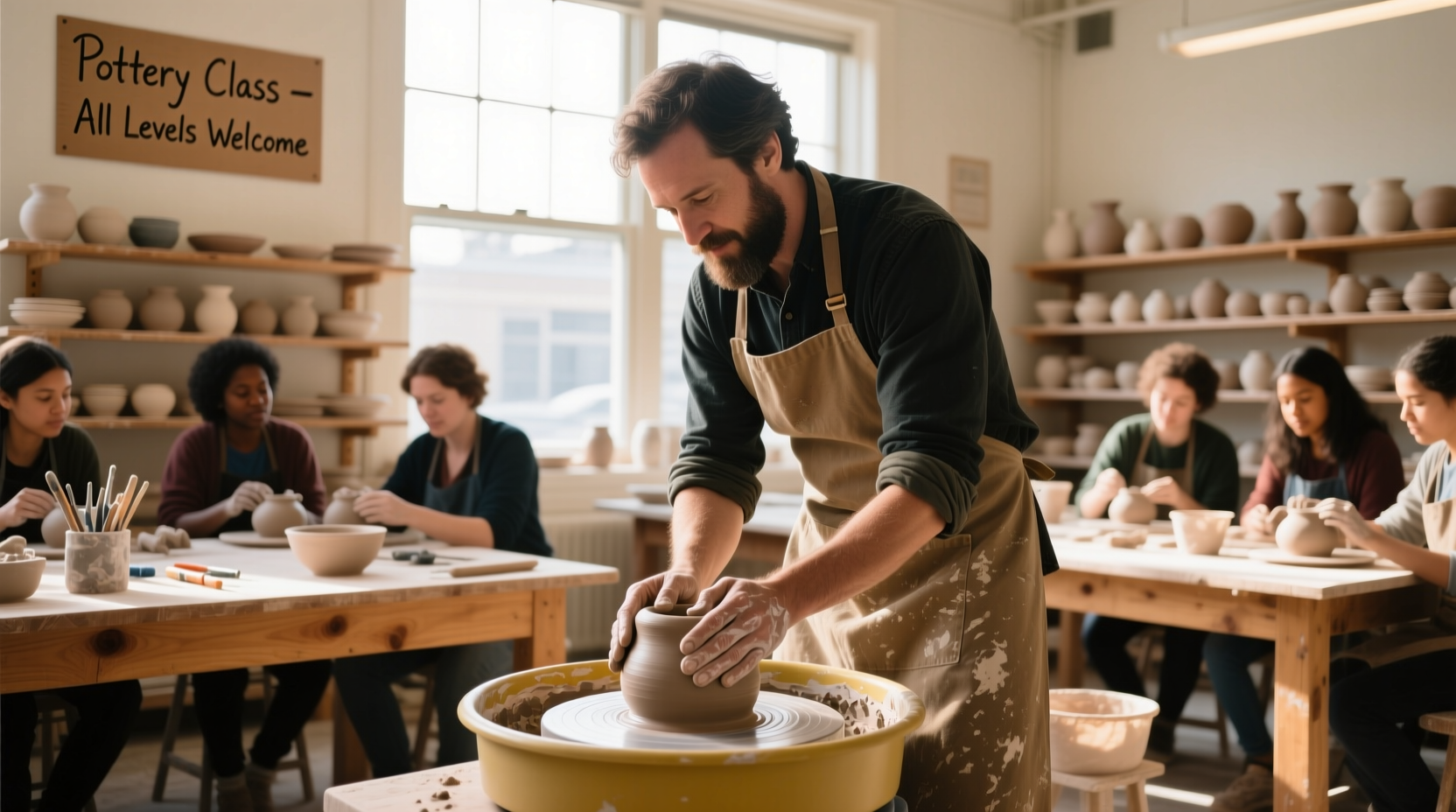 Instructor teaching pottery class at Craft Alliance community workshop