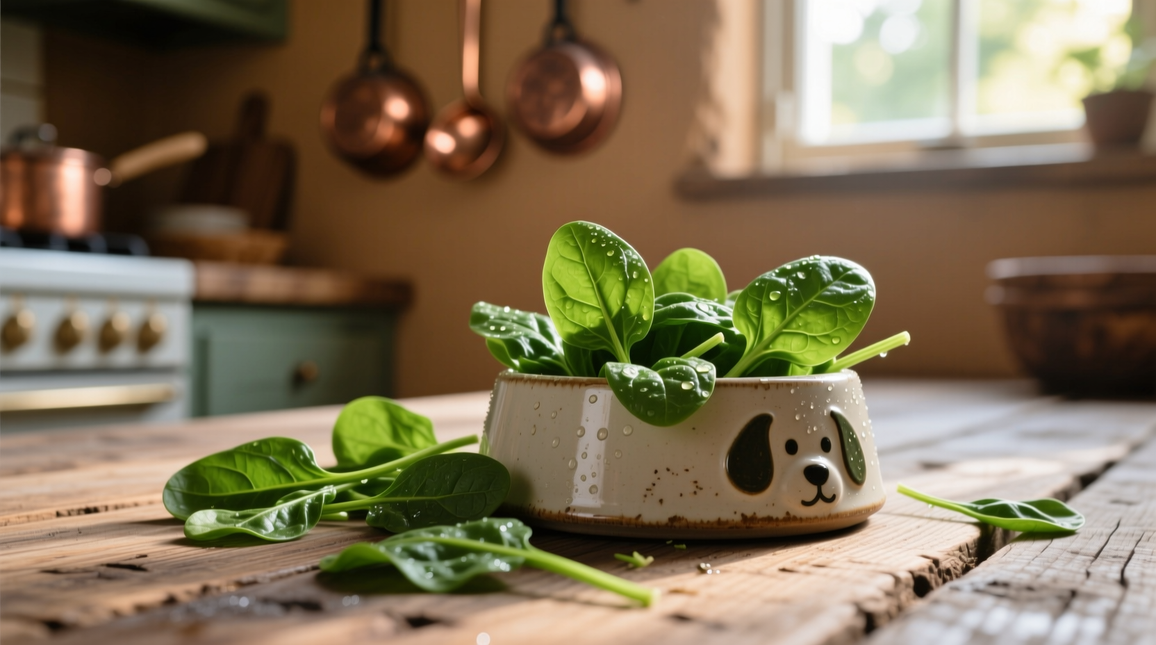 Fresh spinach leaves next to dog bowl