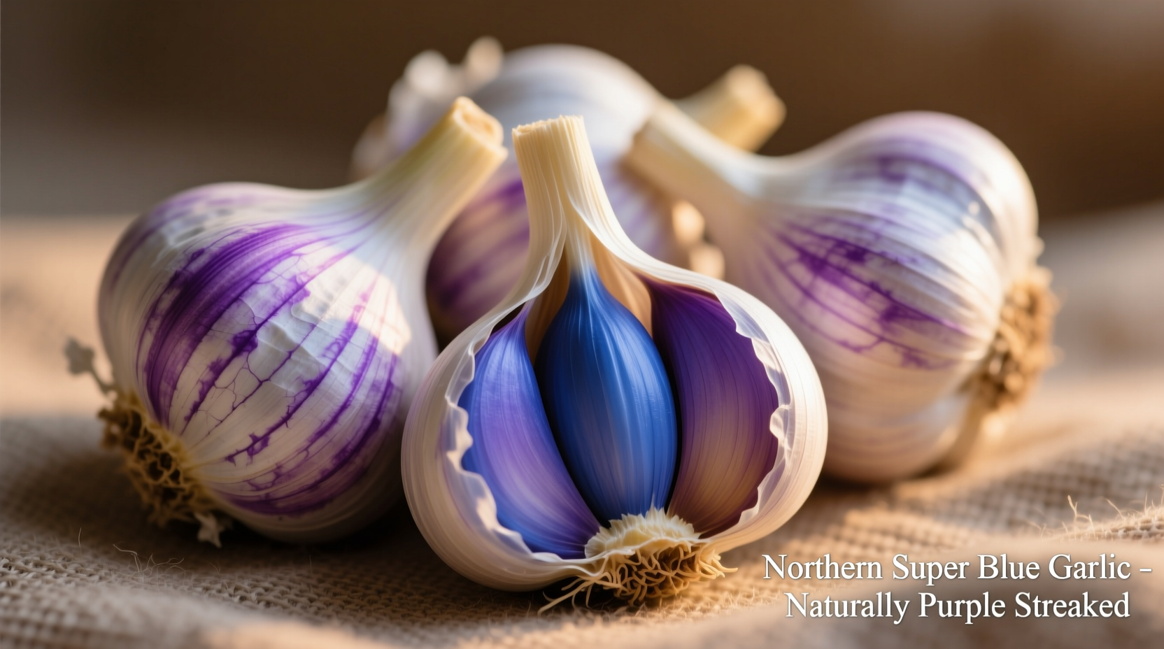 Fresh Northern Super Blue garlic bulbs with distinctive purple streaks