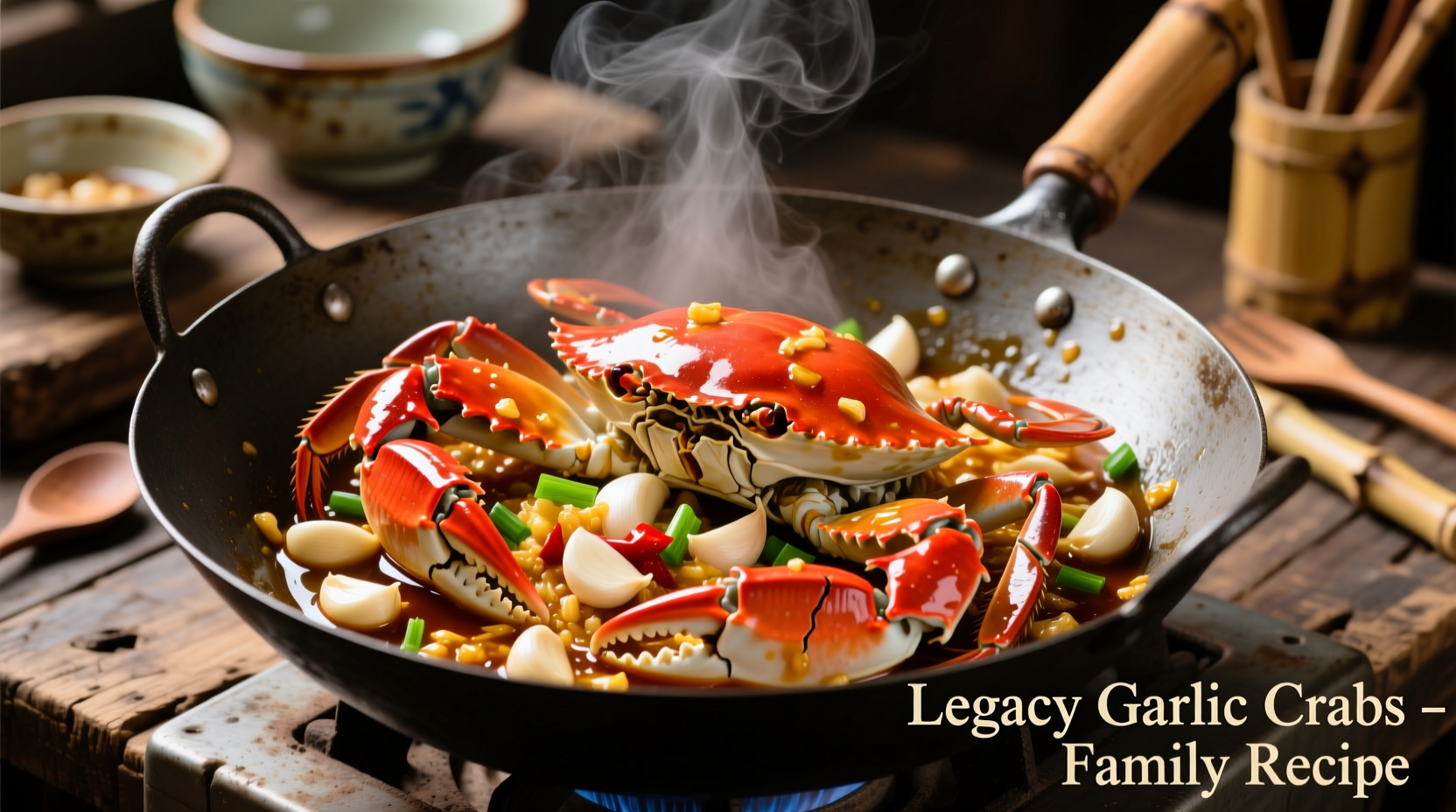 Traditional legacy garlic crabs served in a wok with fresh garlic