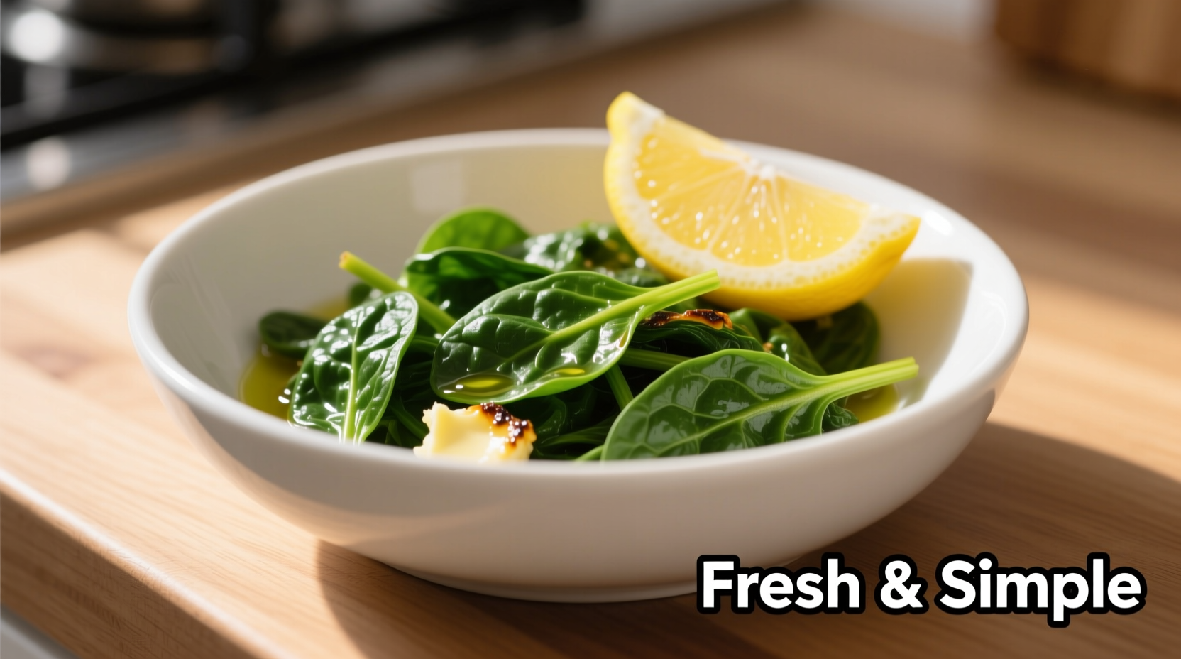 Sautéed spinach in white ceramic bowl with lemon wedge
