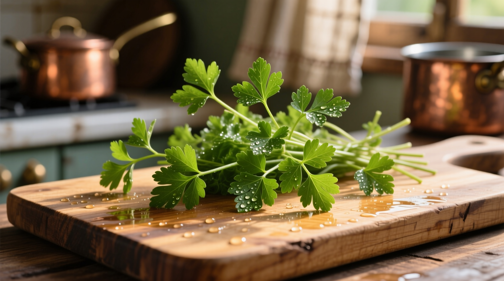 Fresh parsley sprigs arranged on wooden cutting board