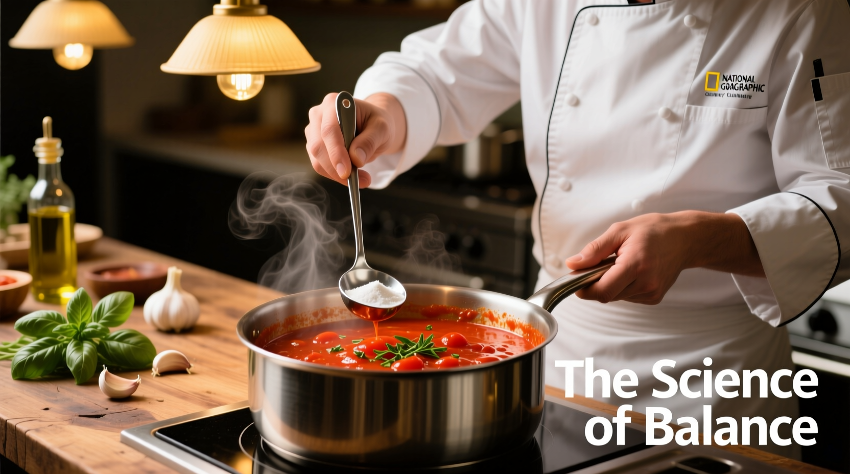 Chef balancing tomato sauce acidity with baking soda