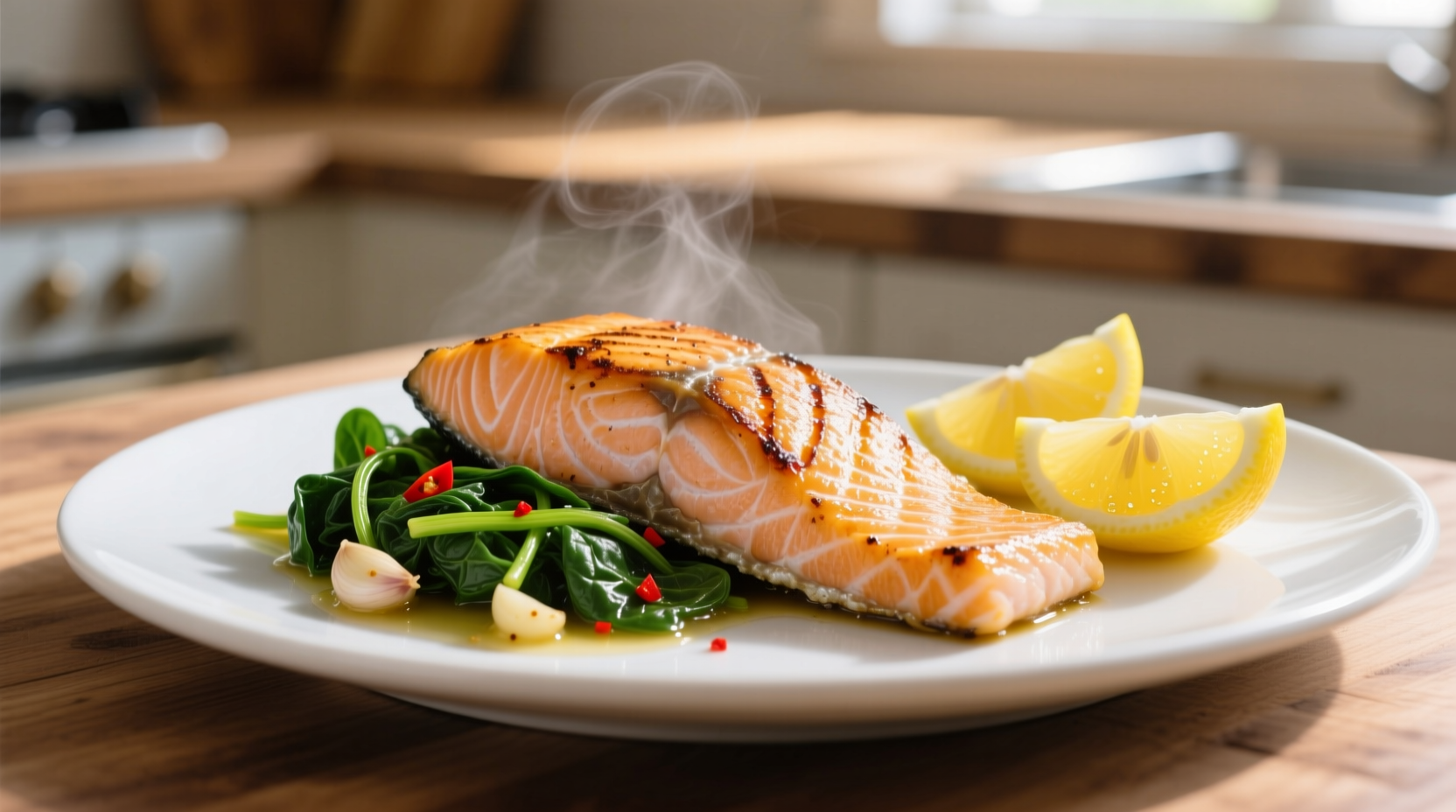 Pan-seared salmon with sautéed spinach and lemon wedges