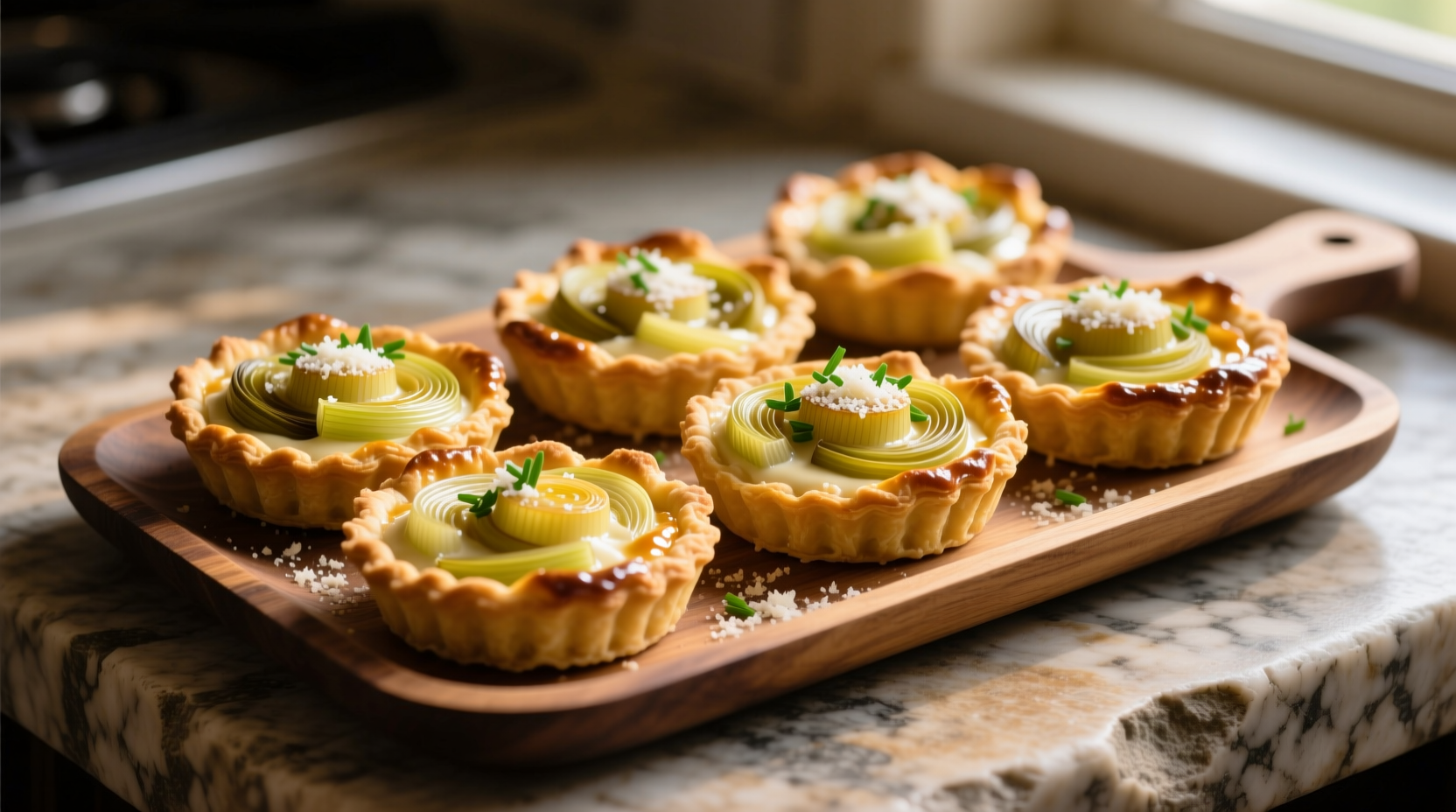 Perfectly golden leek tartlets on serving platter