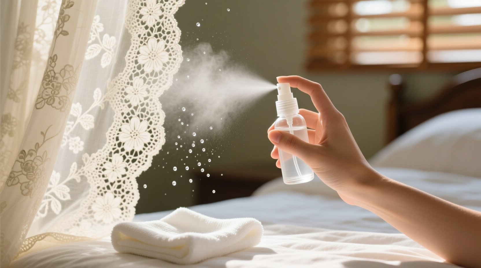 Close-up of a hand holding a fine mist spray bottle over ivory lace curtain panel, with a folded white microfiber cloth resting nearby—demonstrating controlled, non-contact application of vinegar-water solution