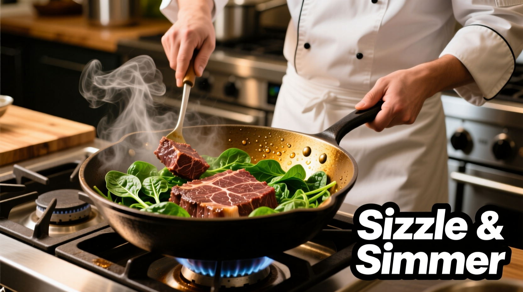 Chef preparing ground beef and spinach skillet