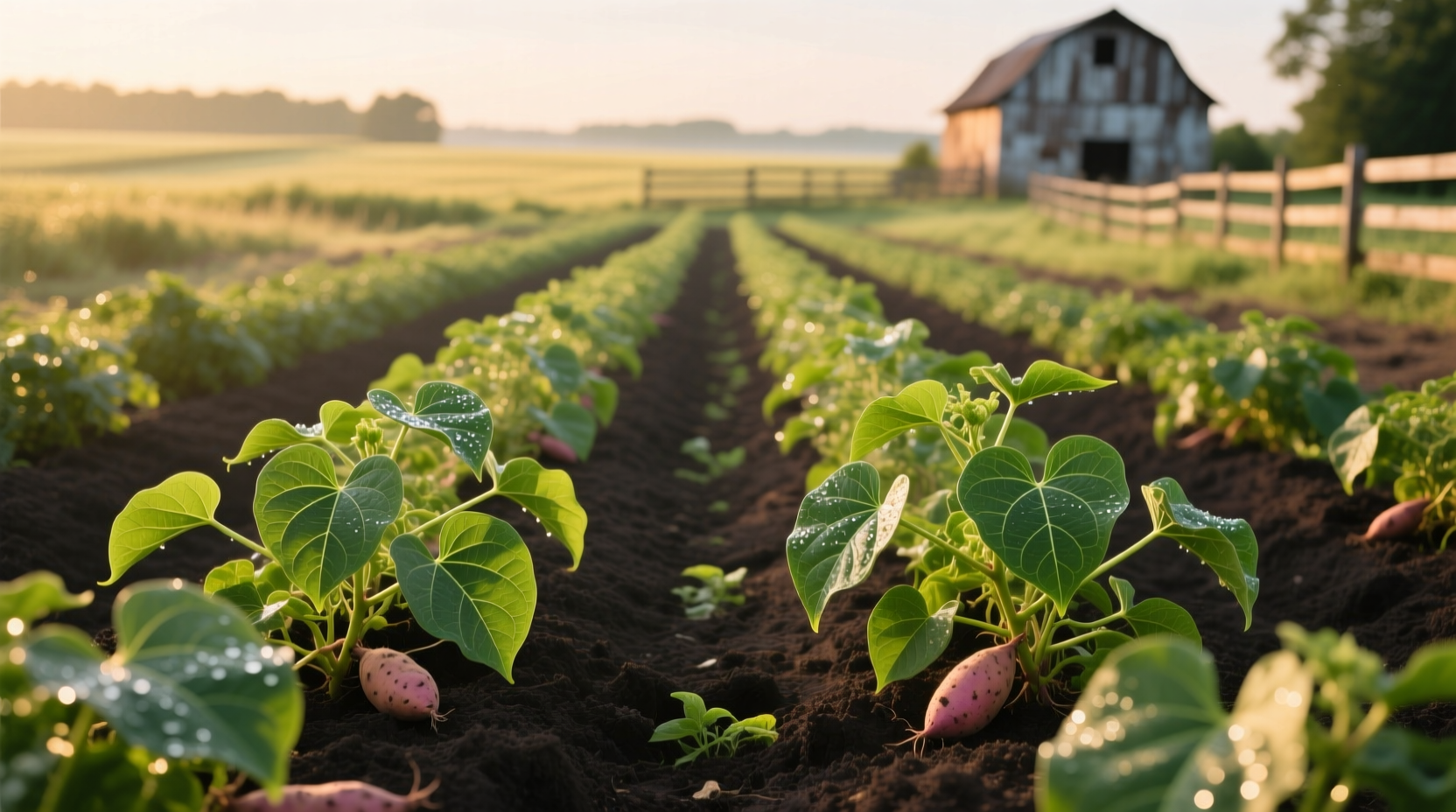 Sweet potato plants growing in properly spaced garden rows