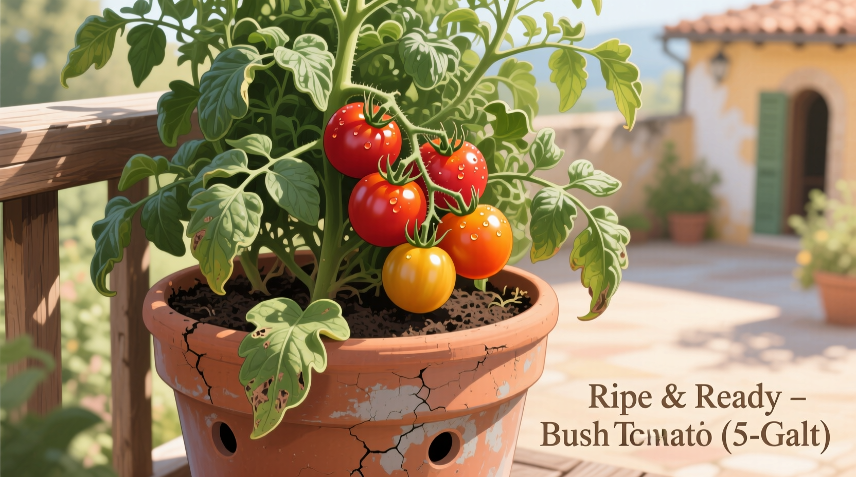Better Bush tomato plant in 5-gallon container with ripe fruits