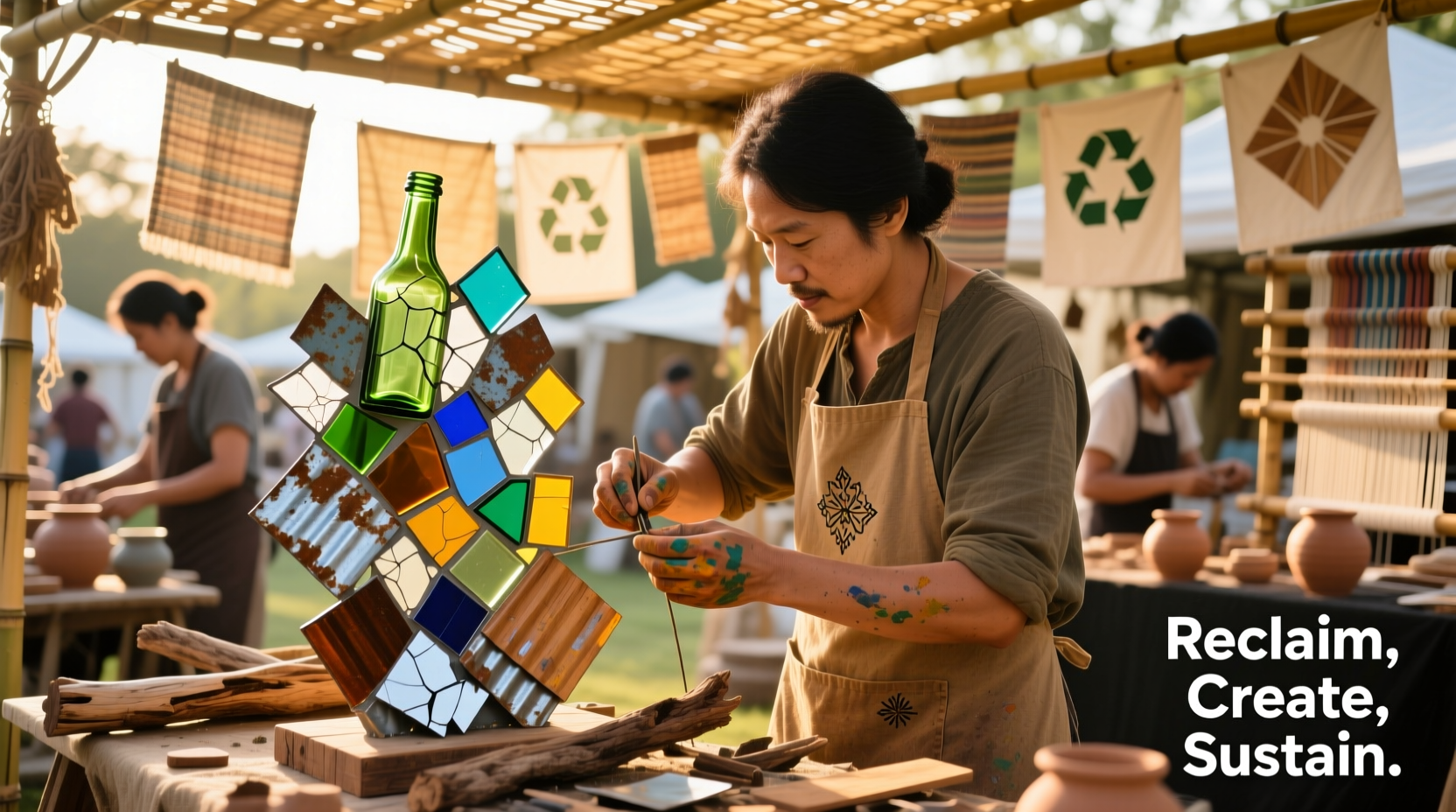 Artisan using recycled materials at sustainable crafts fair