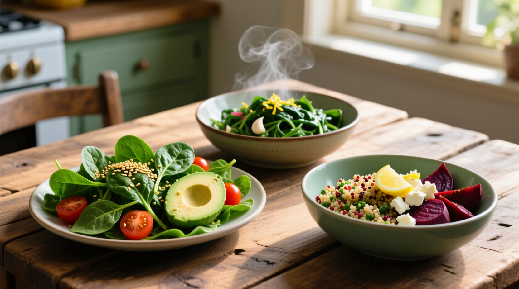 Colorful healthy spinach dishes on wooden table