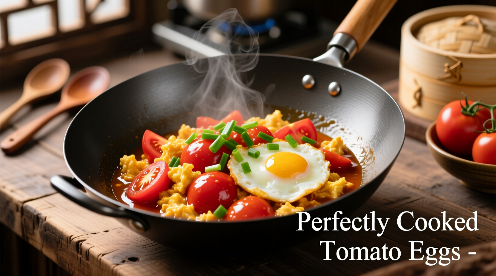 Perfectly cooked tomato eggs in wok with fresh ingredients