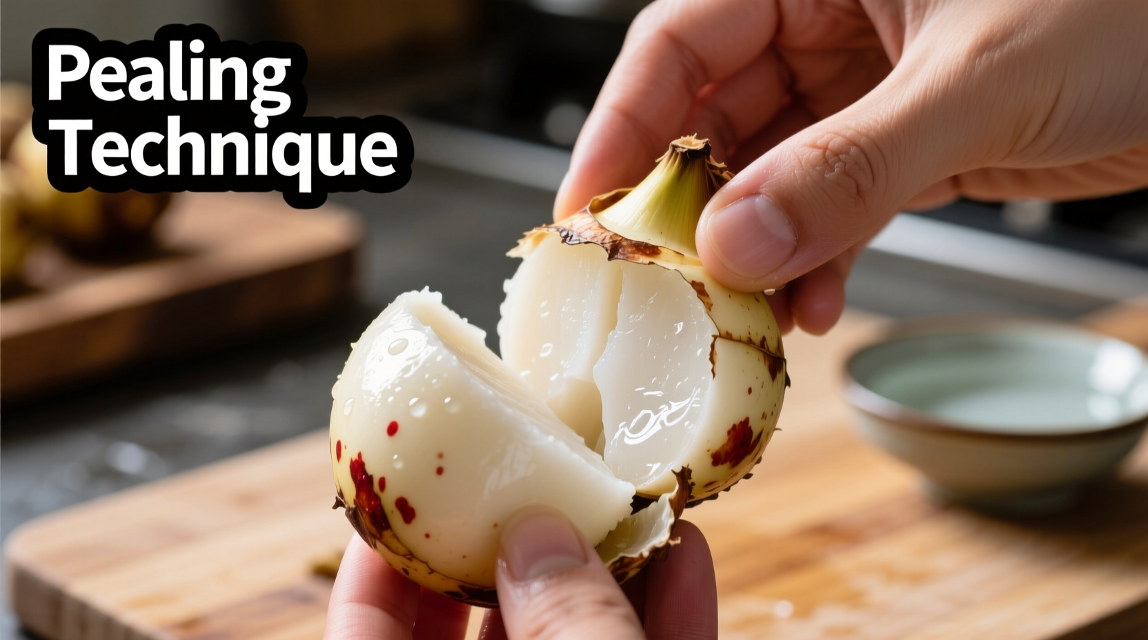 Fresh Chinese water chestnuts with peeling demonstration