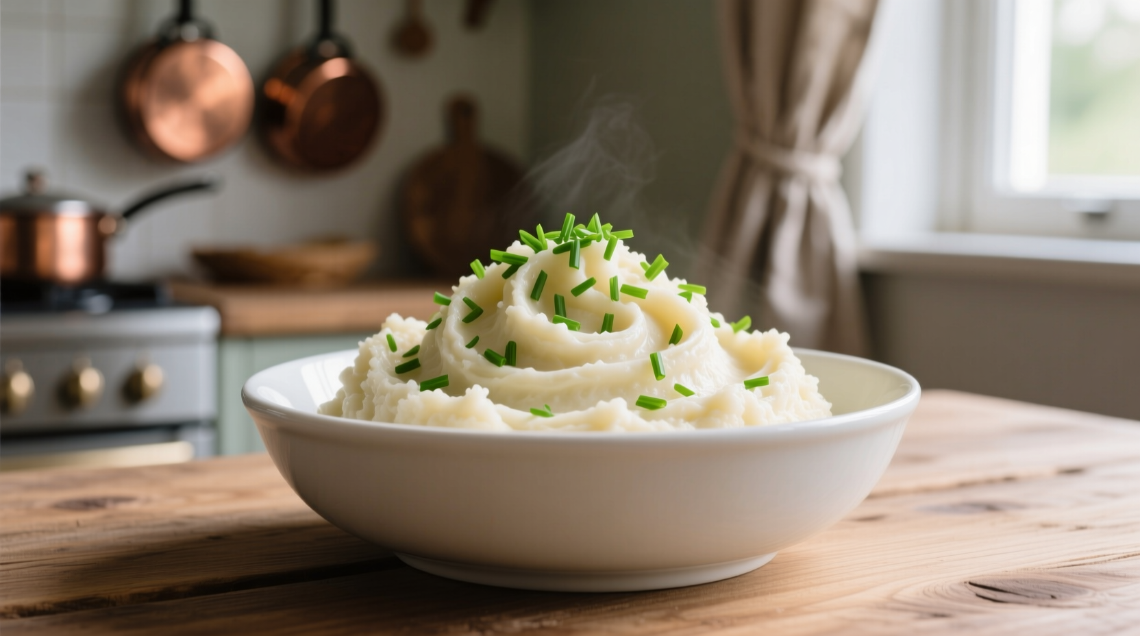Creamy cauliflower mash in white bowl with chives