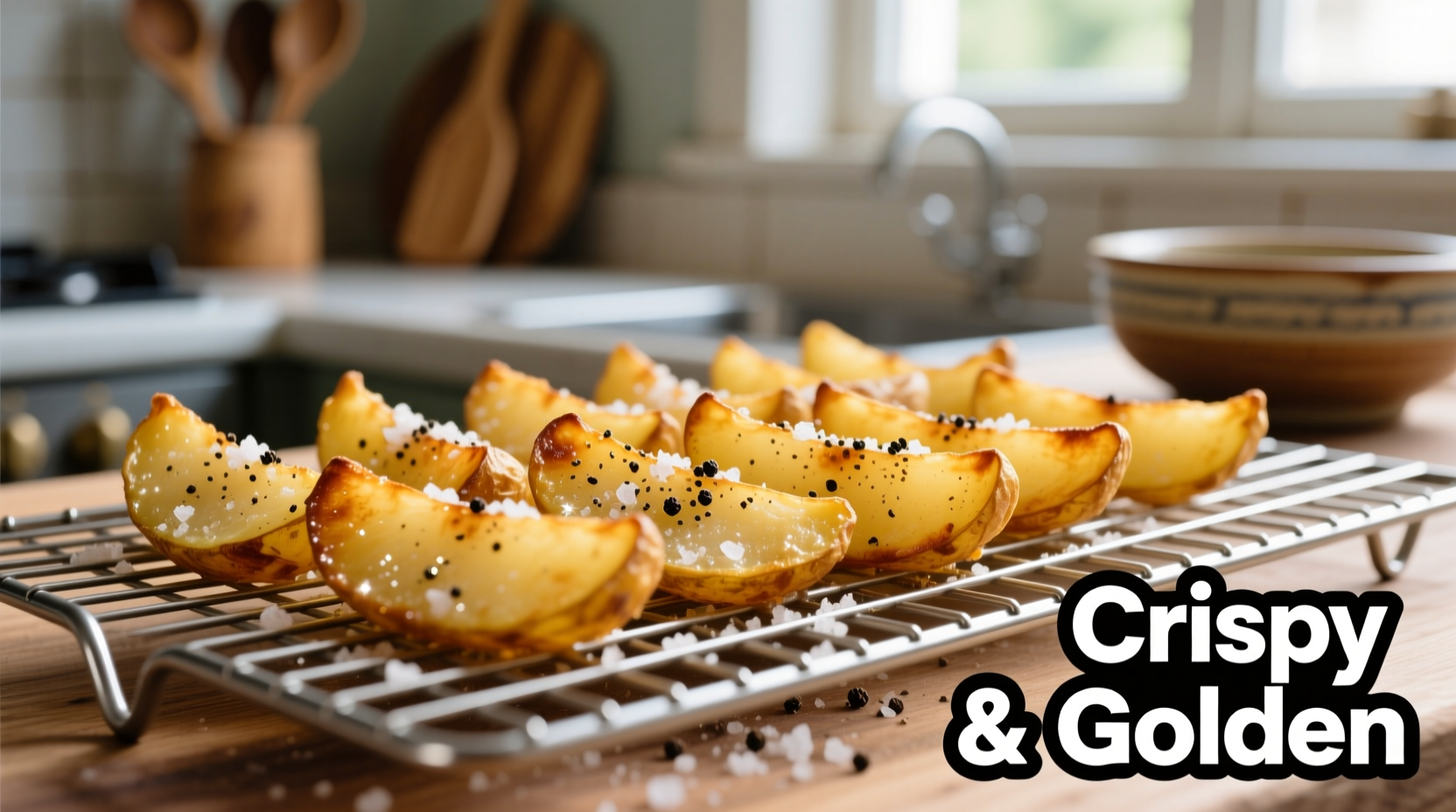 Golden fried potato slices on wire rack with seasoning
