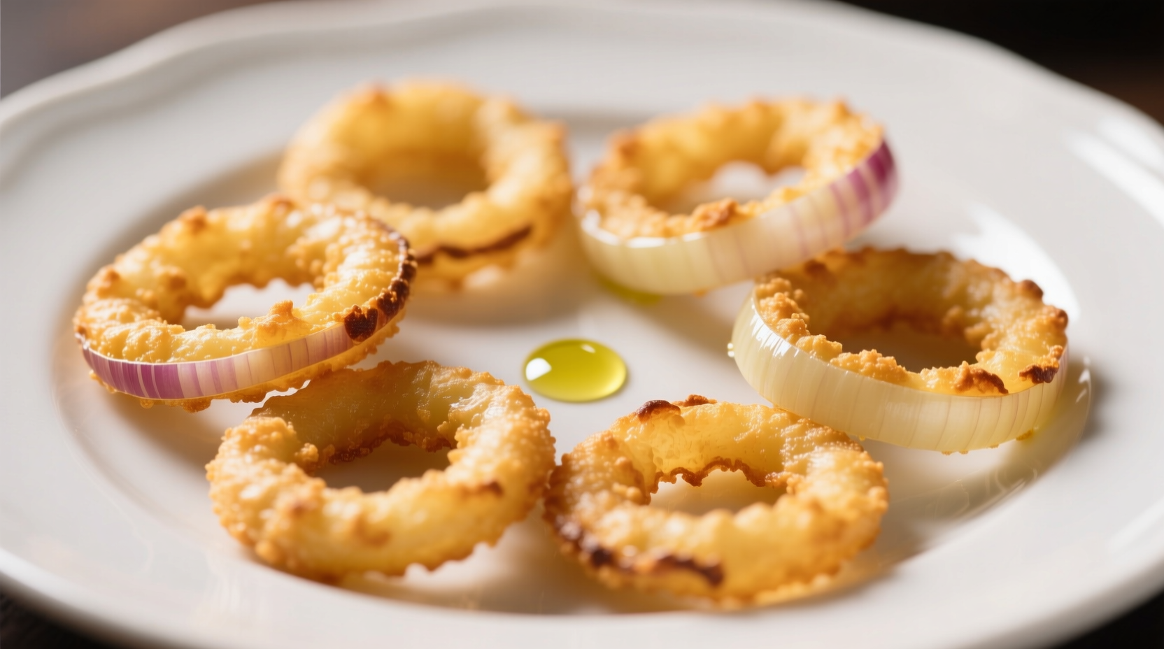 Crispy golden onion ring chips on white plate