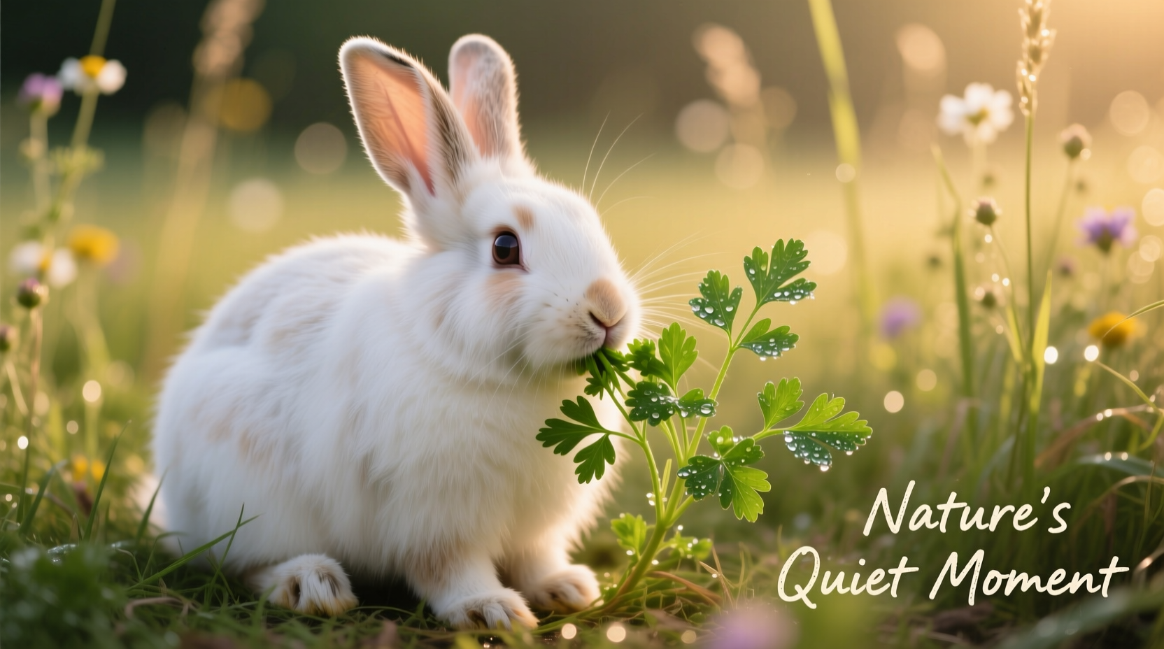 Rabbit safely eating fresh parsley sprigs