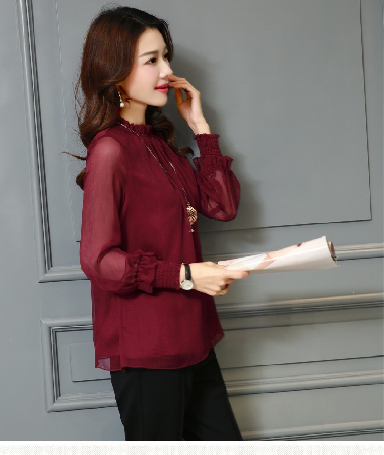 Chiffon Blouse New Women Tops Long Sleeve Stand Neck Work Wear Shirts Elegant Lady Casual Blouses women's Plus size