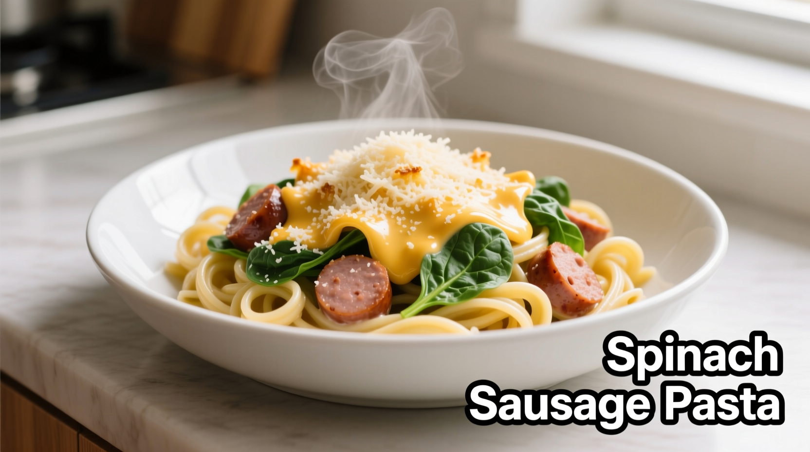 Spinach sausage pasta in white bowl with parmesan