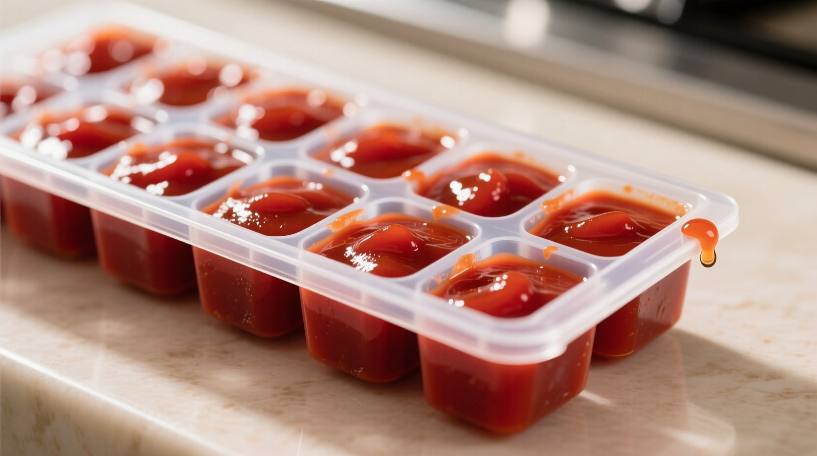 Tomato paste stored in portioned ice cube tray