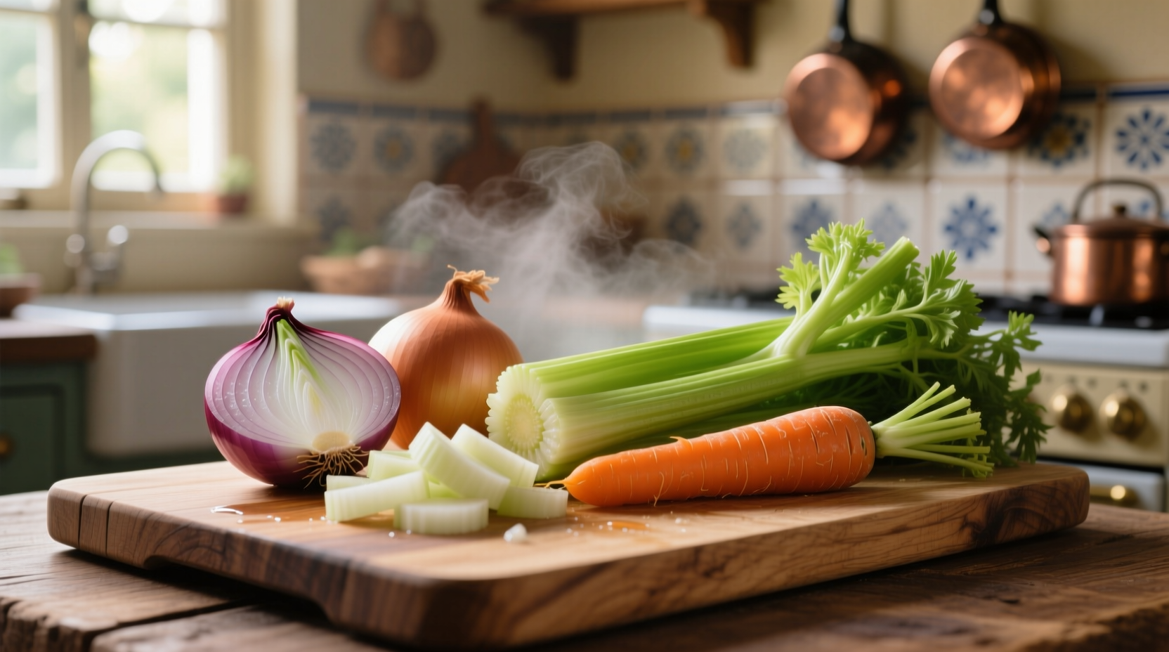 Fresh onions carrots celery on cutting board
