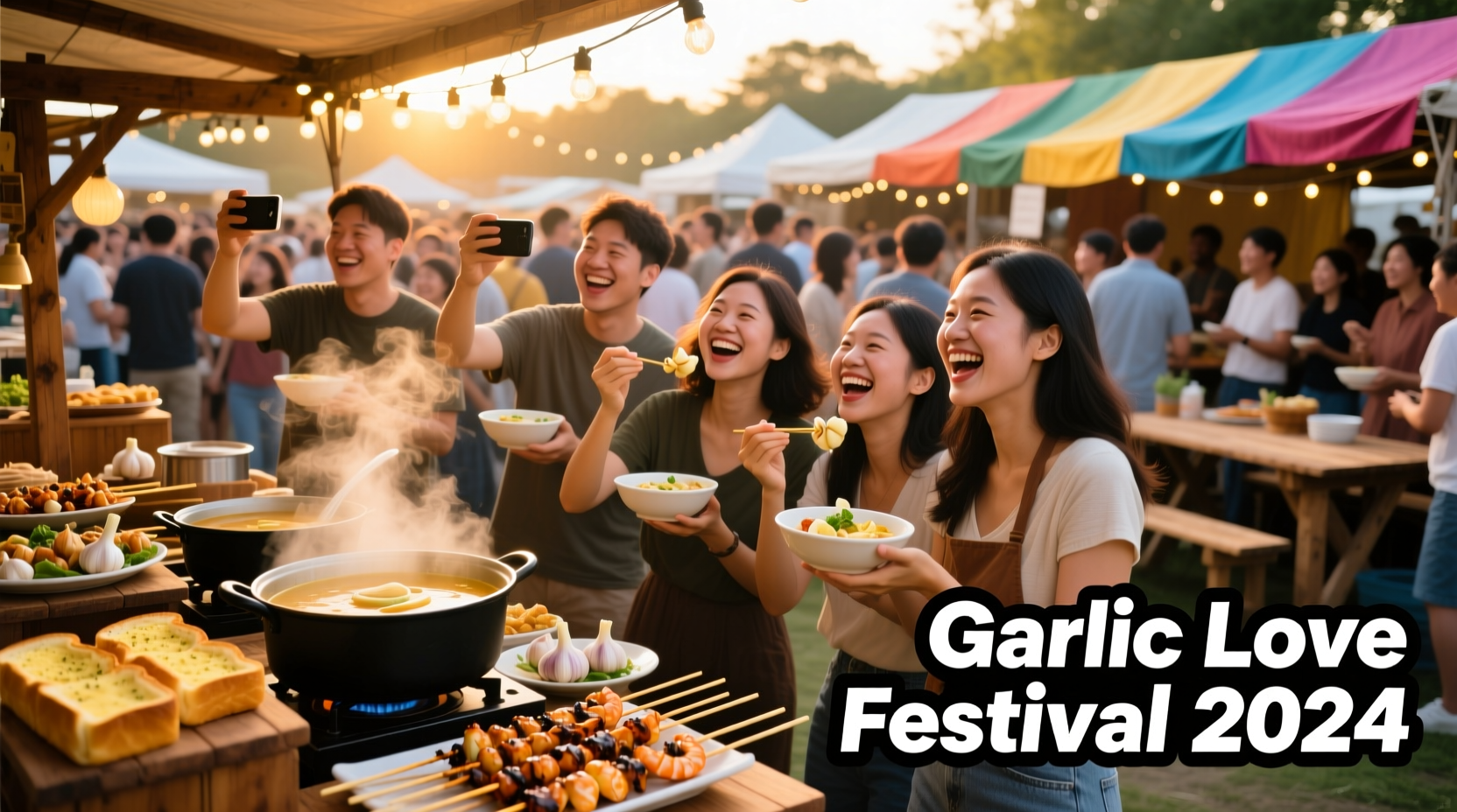 Crowd enjoying garlic dishes at outdoor festival