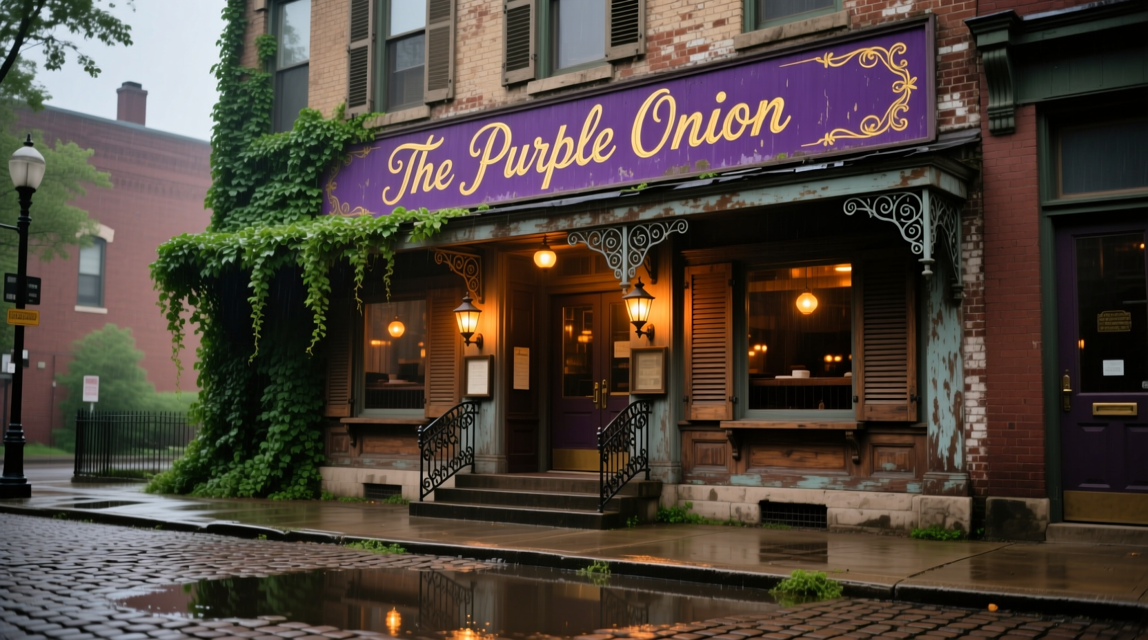 Historic exterior of The Purple Onion restaurant in Minneapolis