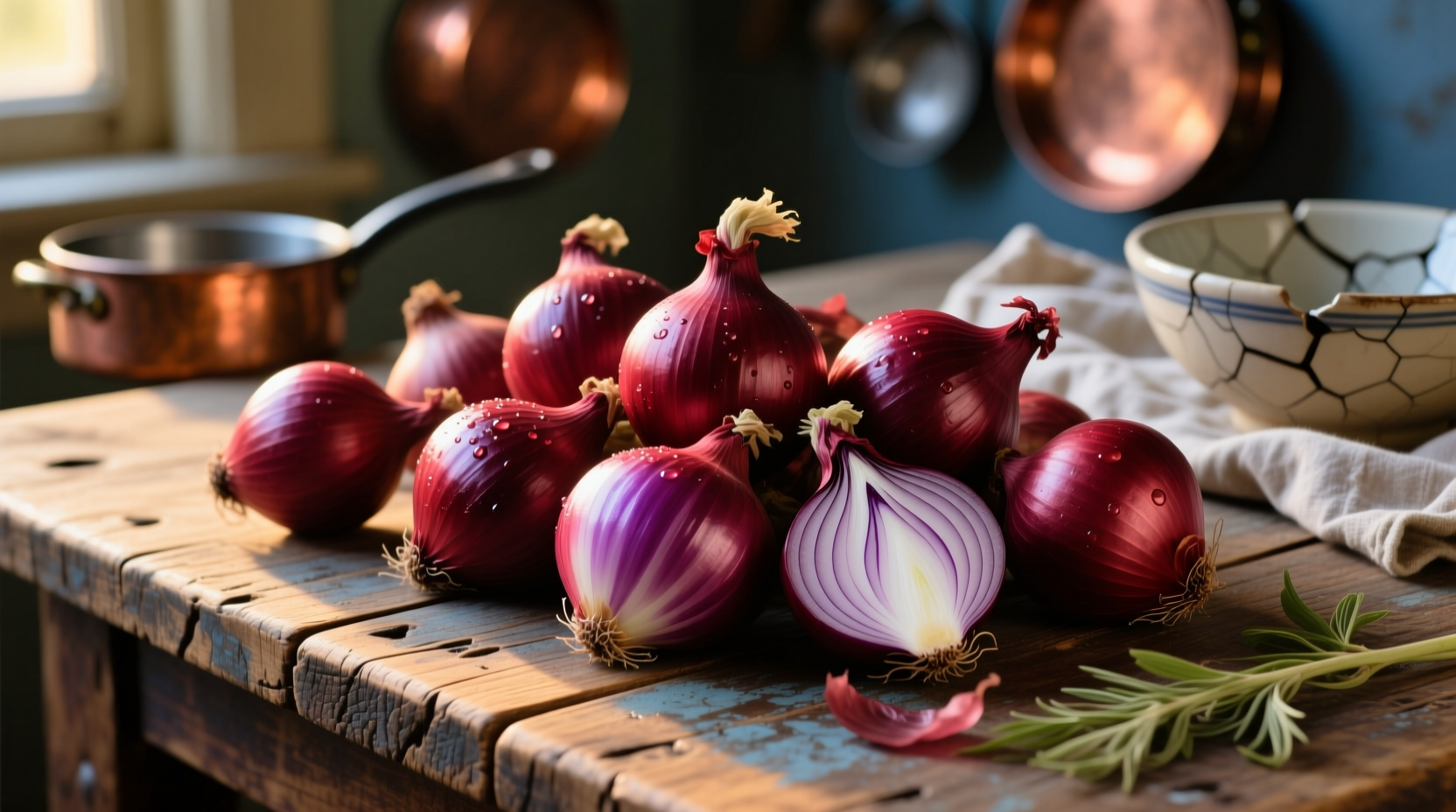 Heirloom red onions with purple streaks on wooden table