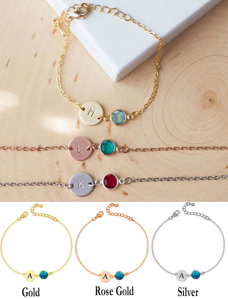 personalised women girls gift minimalist diy jewelry birthstone crystal 18k gold custom name plate bracelet