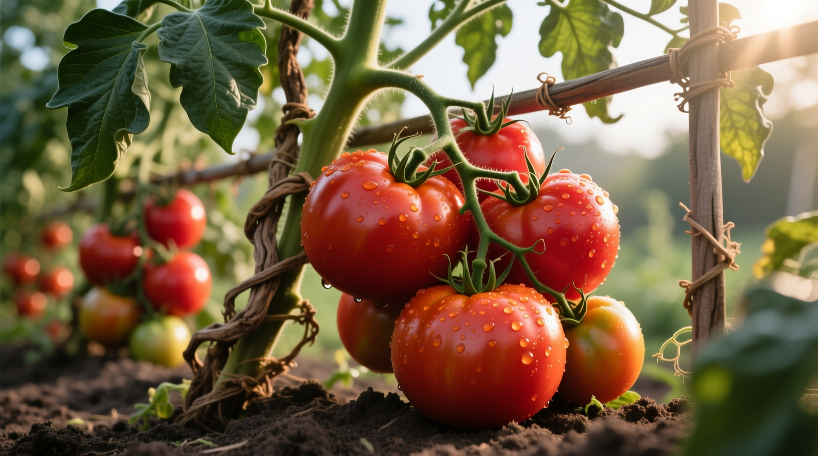 Goliath tomato plant with large red fruits on vine