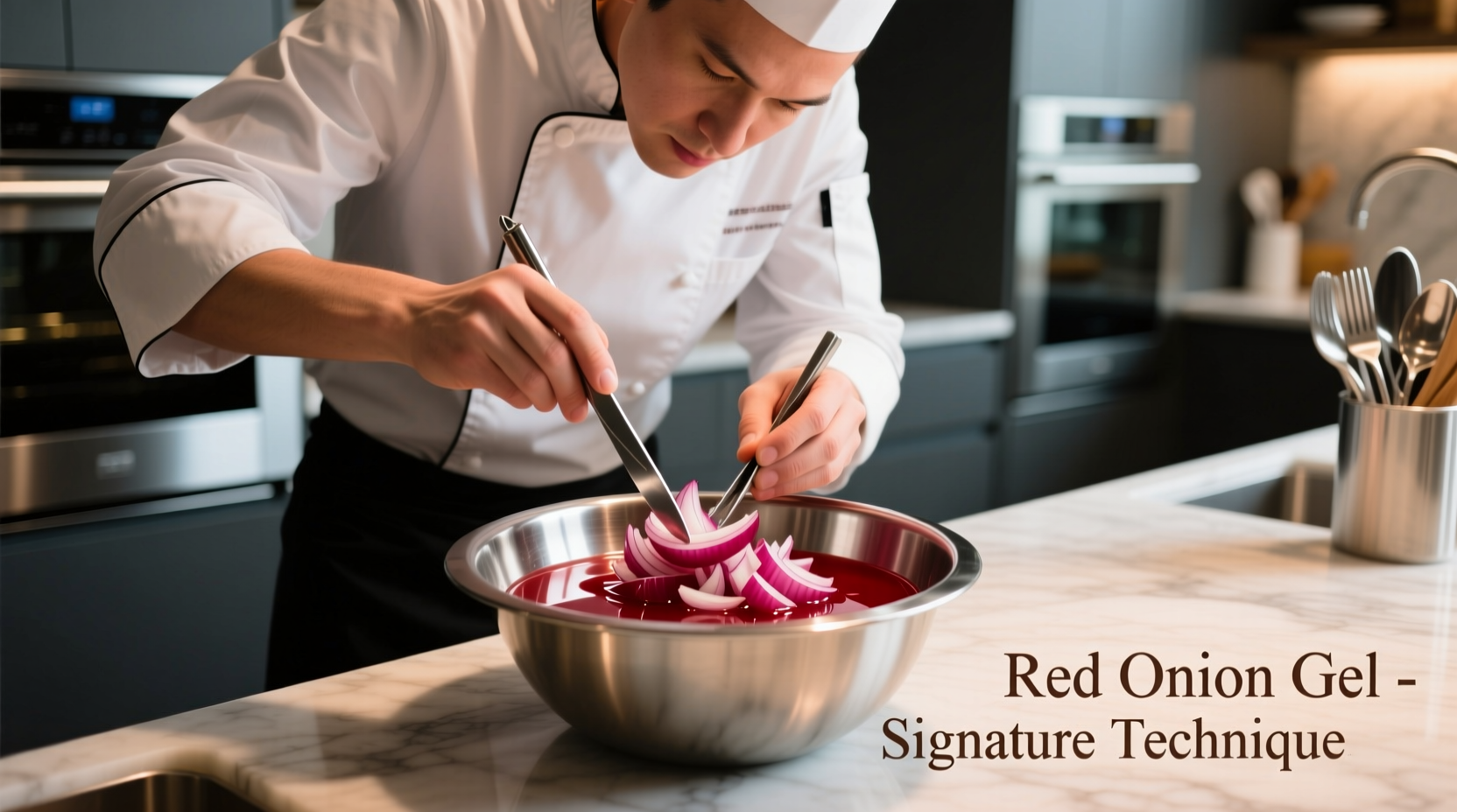 Chef preparing red onion gel in professional kitchen