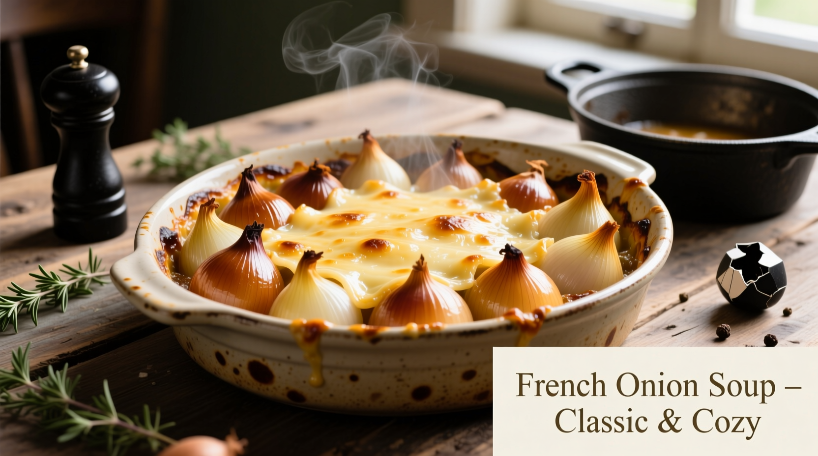 Golden roasted onions in baking dish for French onion soup