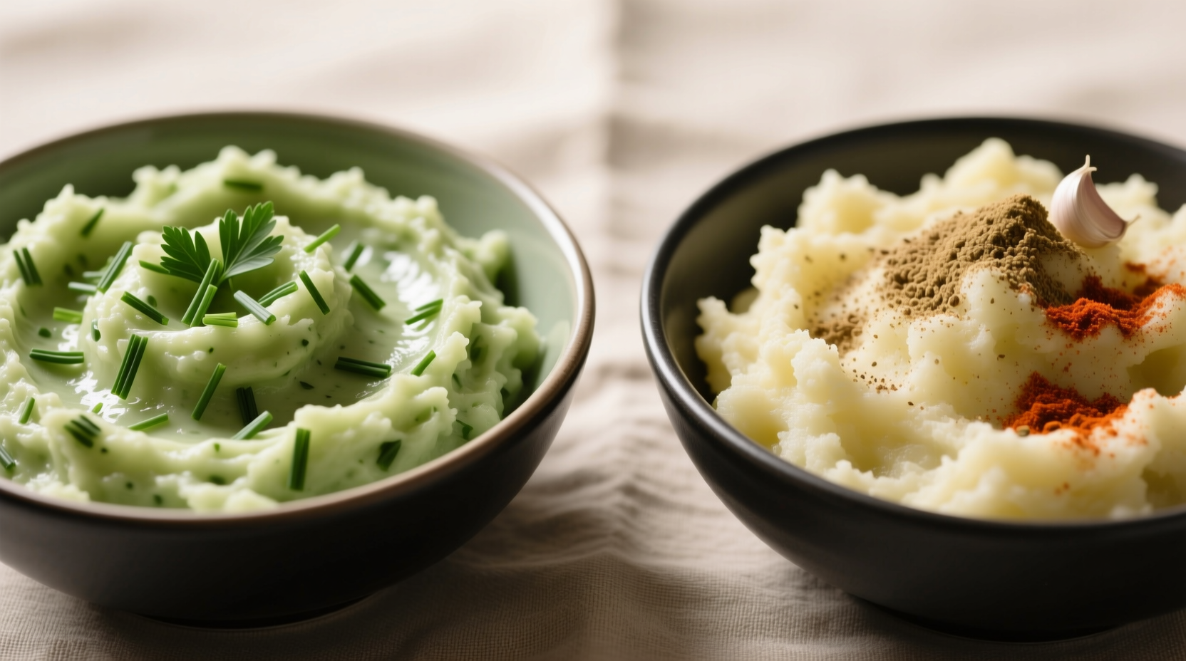 Close-up comparison: smooth herb-infused mashed potatoes vs gritty texture from direct spice addition