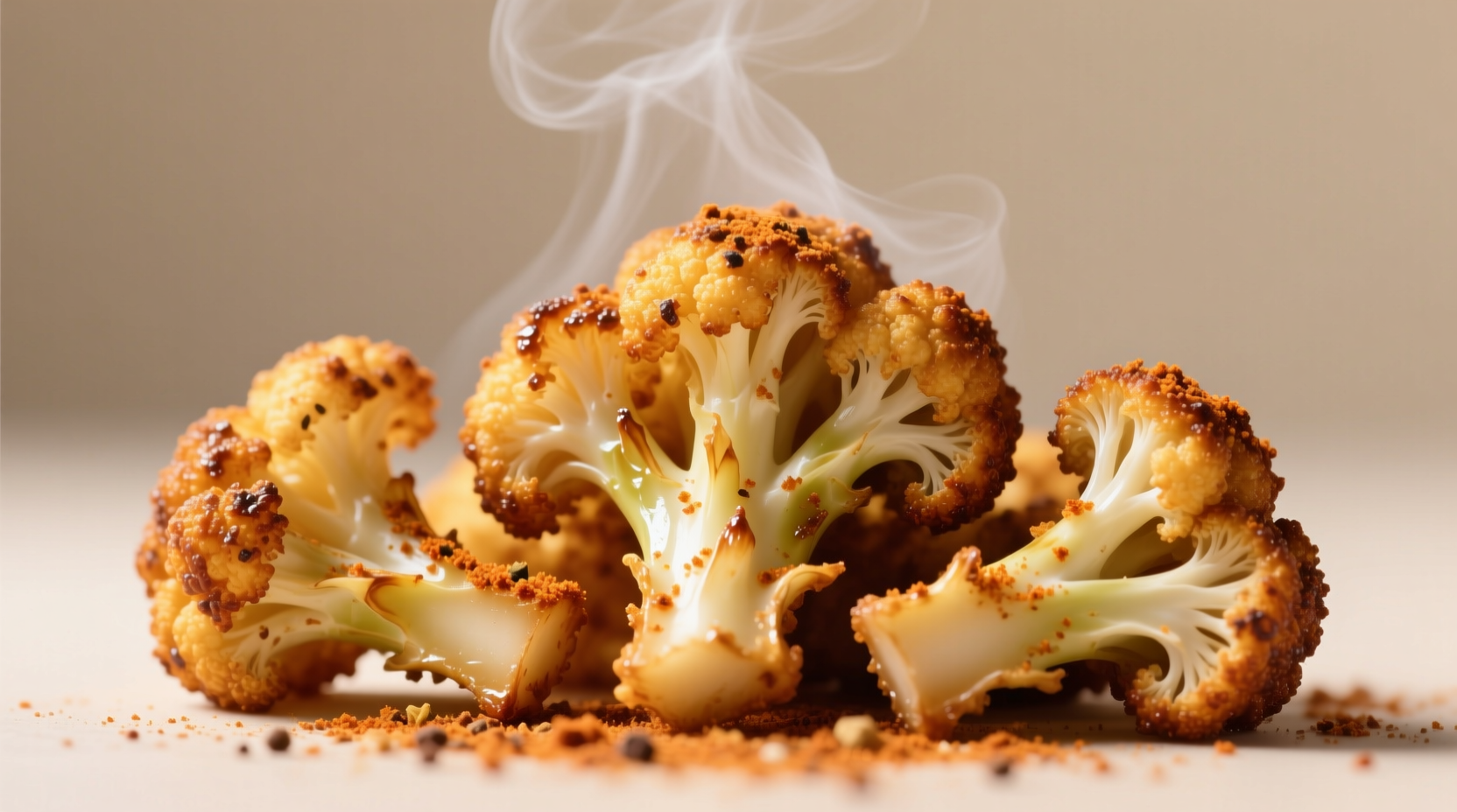 Close-up of golden-brown air-fried cauliflower florets with visible spice crust