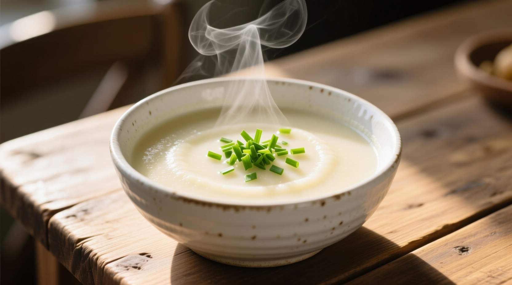 Creamy potato soup in white ceramic bowl with chives