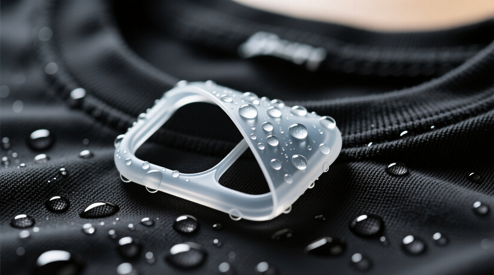 Close-up photo showing a black cotton t-shirt with a translucent silicone phone grip partially peeled from the fabric surface, cool water droplets visible on both materials, no discoloration or smudging present