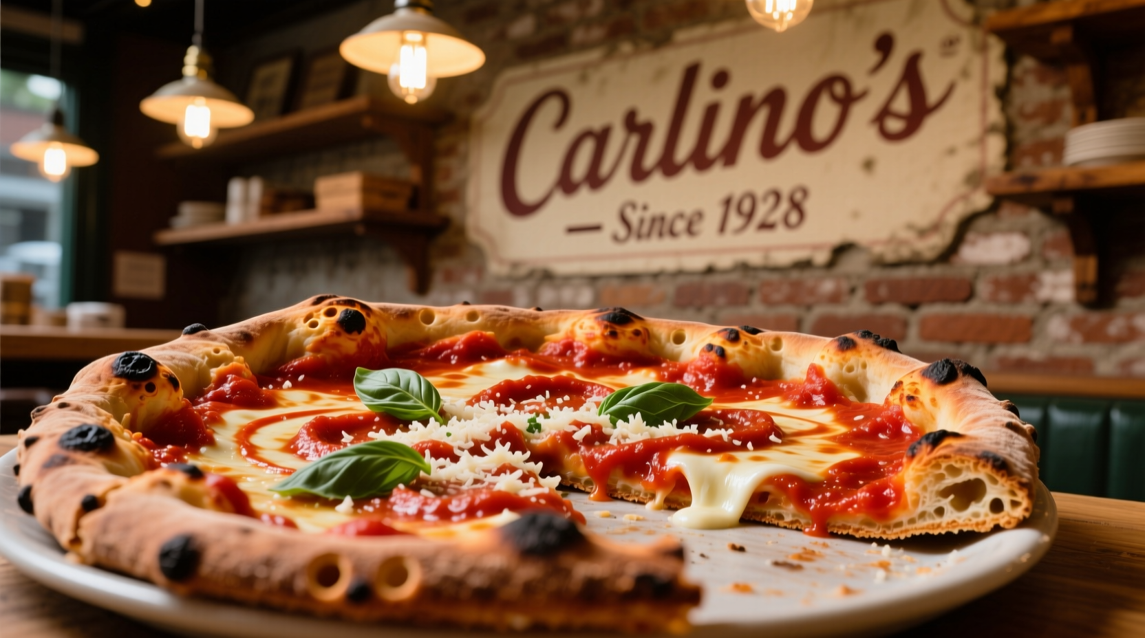 Traditional Carlino's tomato pie with characteristic sauce patterns