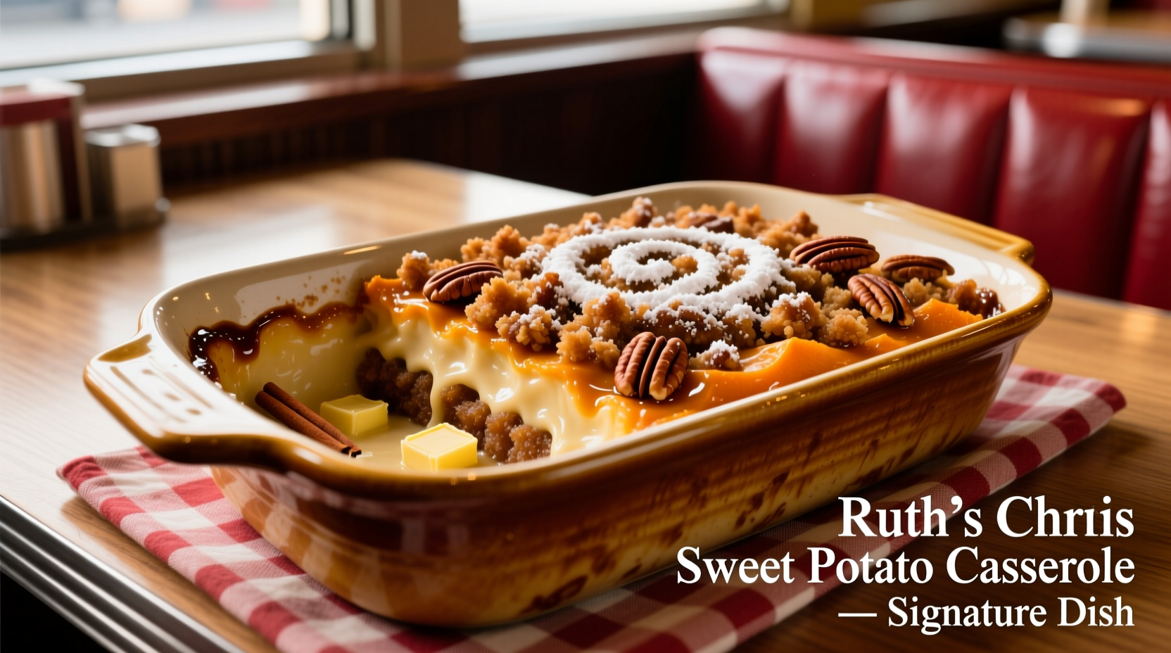 Ruth's Chris style sweet potato casserole with pecan topping