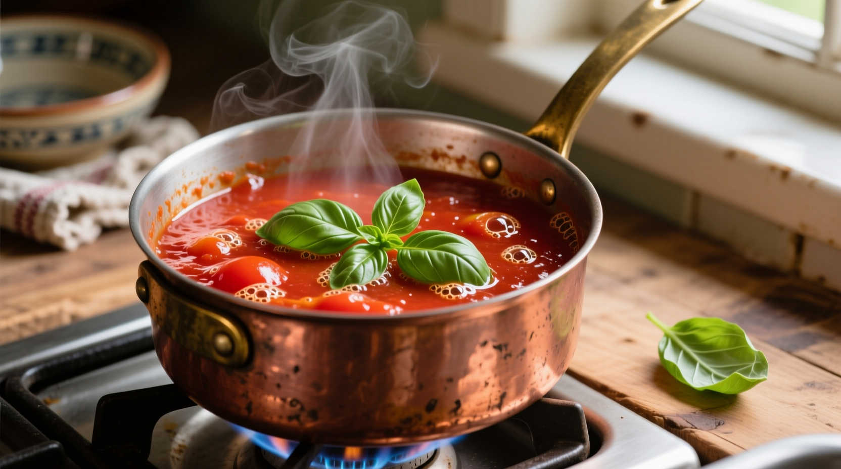 Fresh tomato sauce simmering in copper pot with basil