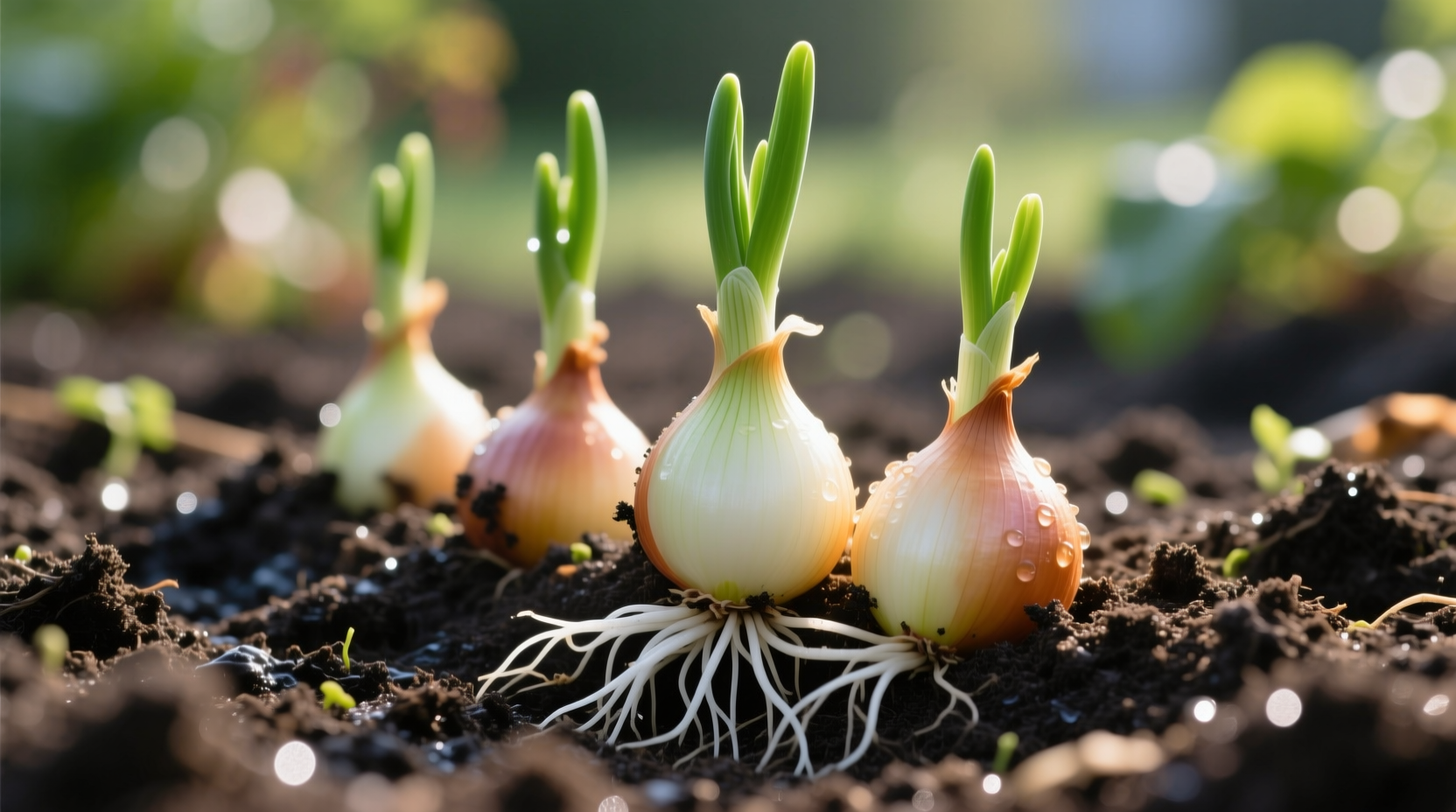 Onion sets growing in garden soil with visible roots
