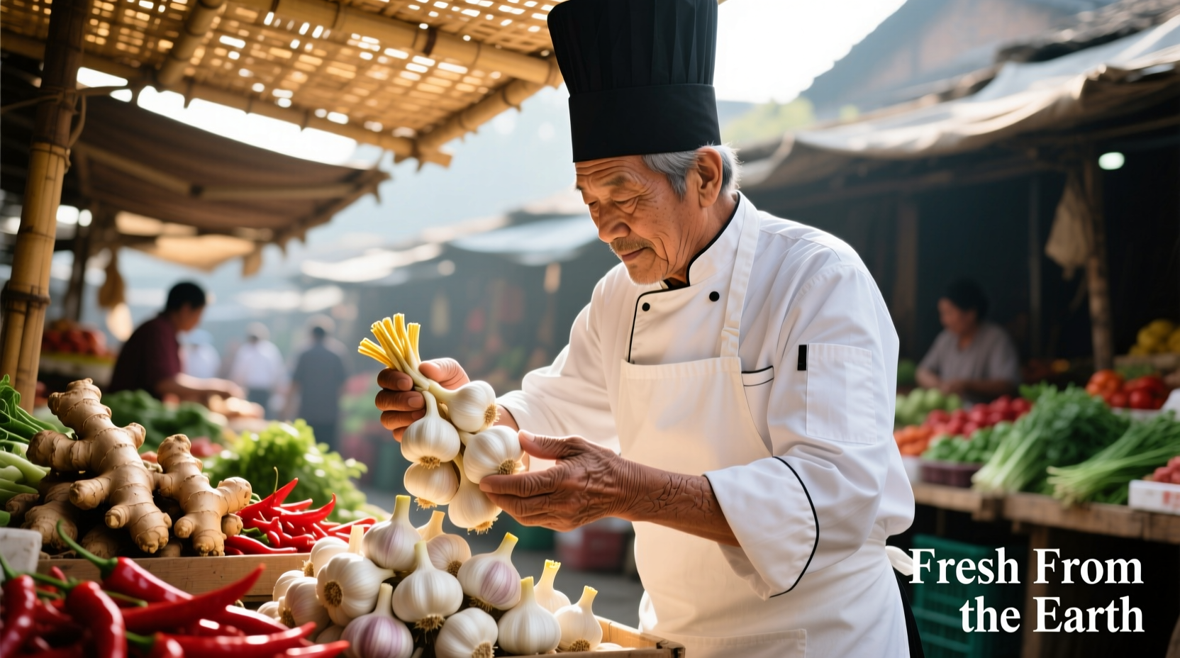 Chef selecting fresh garlic bulbs at market