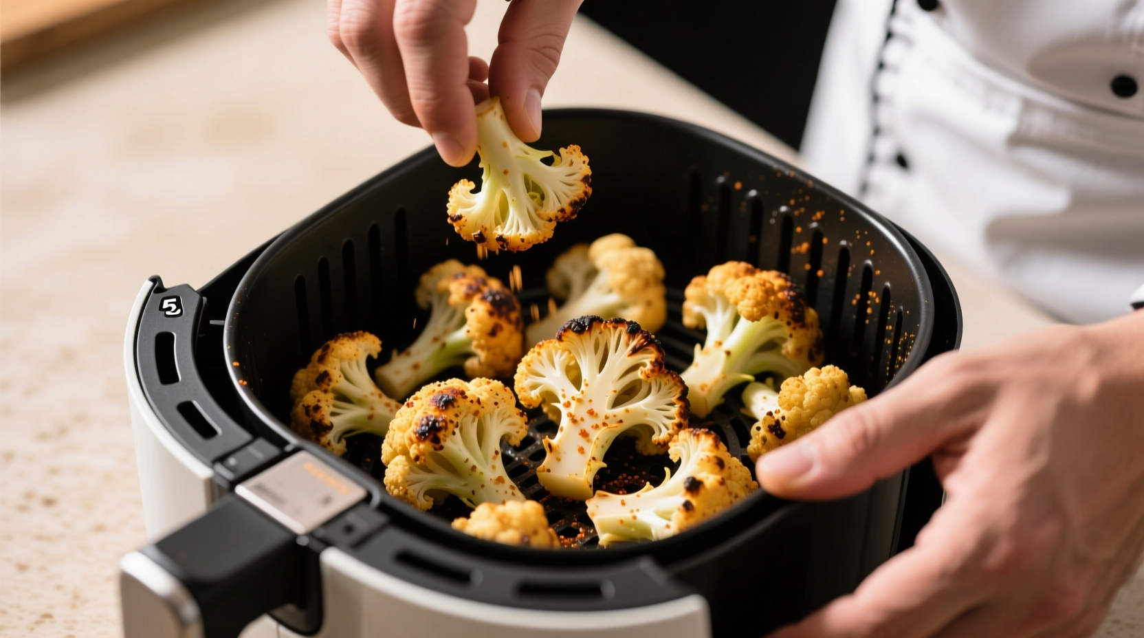 Chef's hand shaking air fryer basket with cauliflower florets at precise 5-minute mark